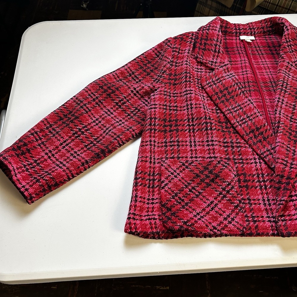 J. Jill Chenille Plaid Blazer Jacket Cherry Multi Pink Open Front NWOT Large - Picture 4 of 10